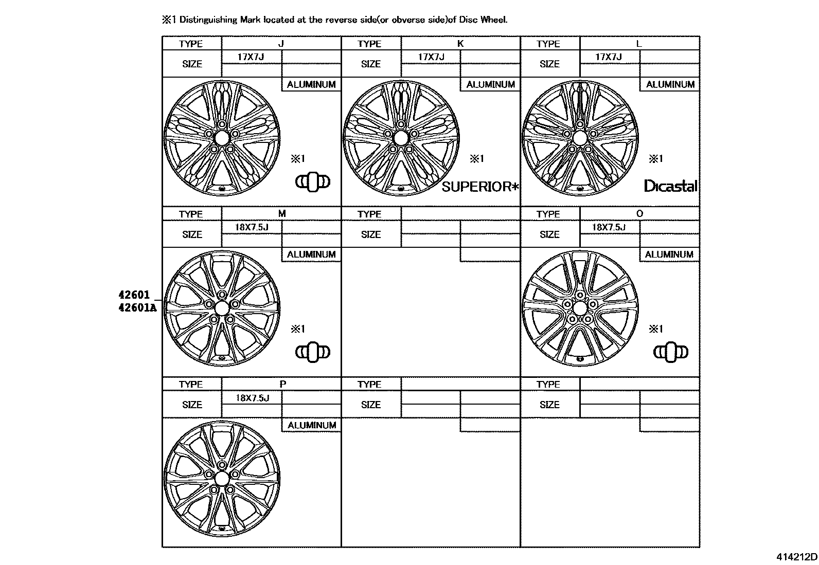 Toyota CAMRY 车轮和车轮盖 EPC diagram — 414212D