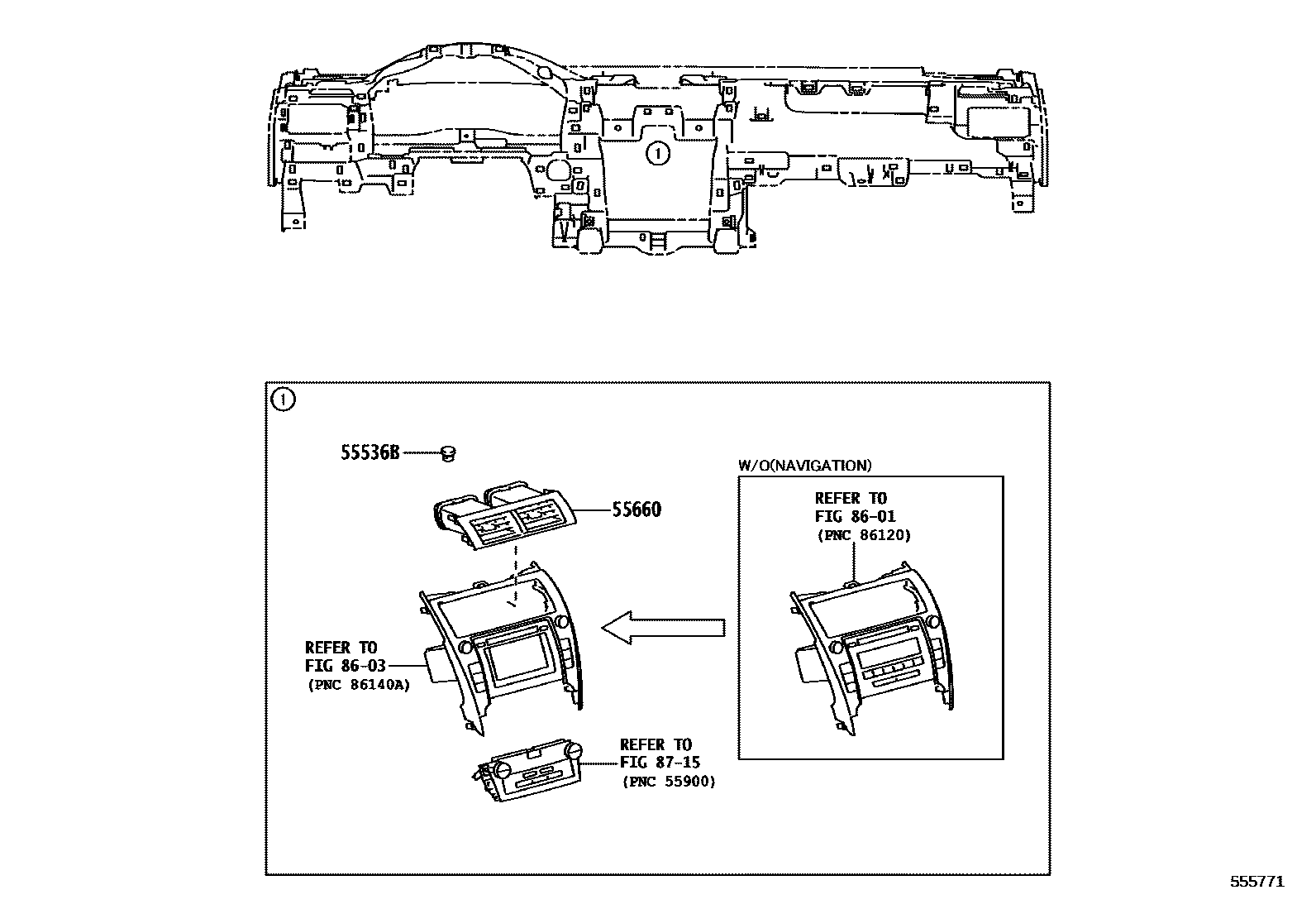 Toyota CAMRY 仪表板和手套箱 EPC diagram — 555771