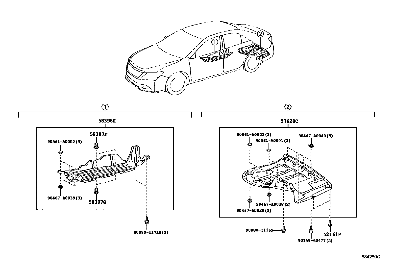 Toyota CAMRY 浅盘形地板和车身下背板 EPC diagram — 584259C