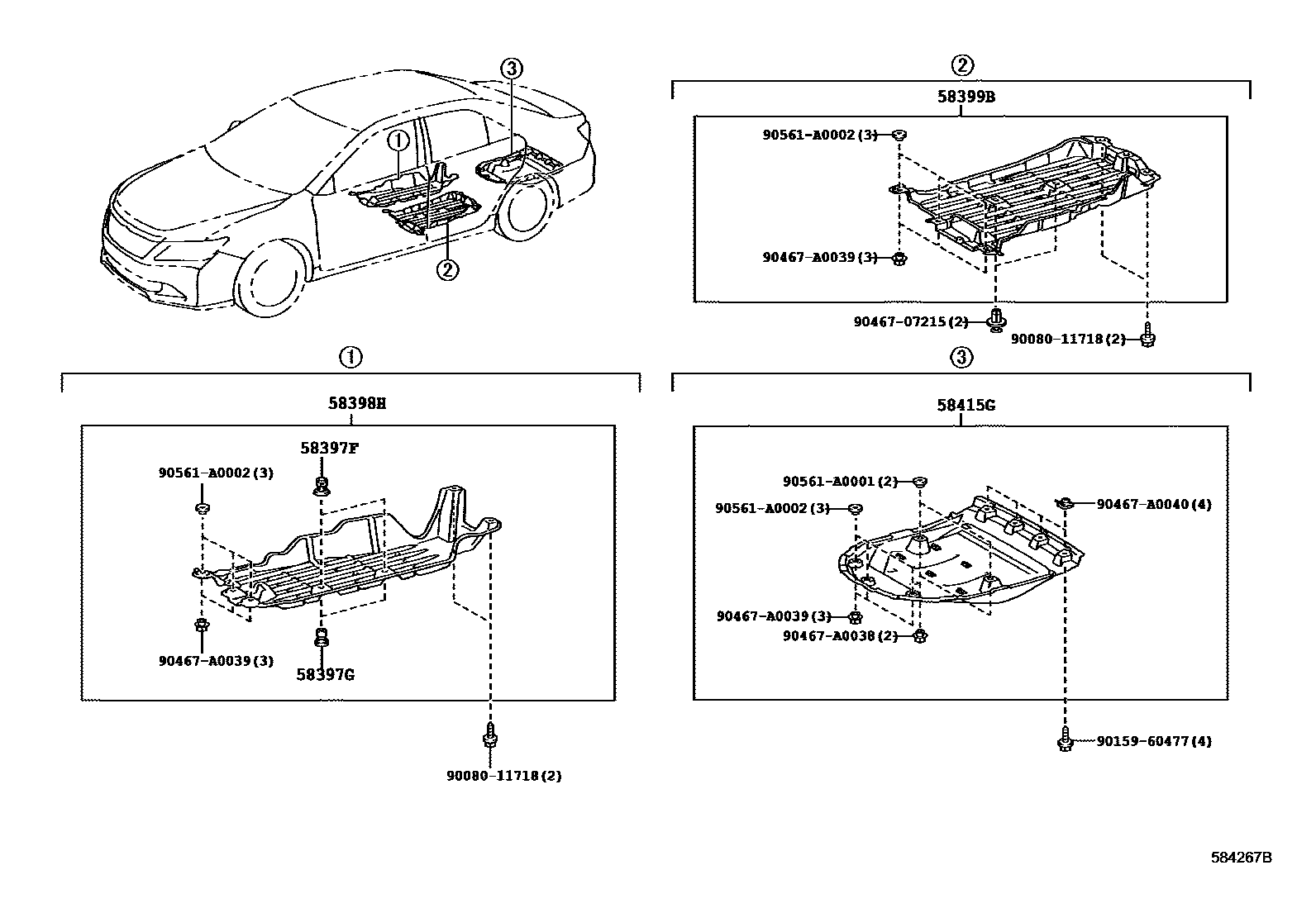 Toyota CAMRY 浅盘形地板和车身下背板 EPC diagram — 584267B
