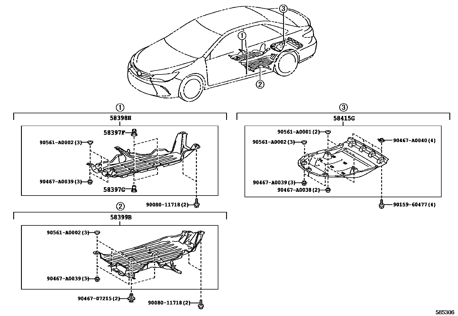 Toyota CAMRY 浅盘形地板和车身下背板 EPC diagram — 585306