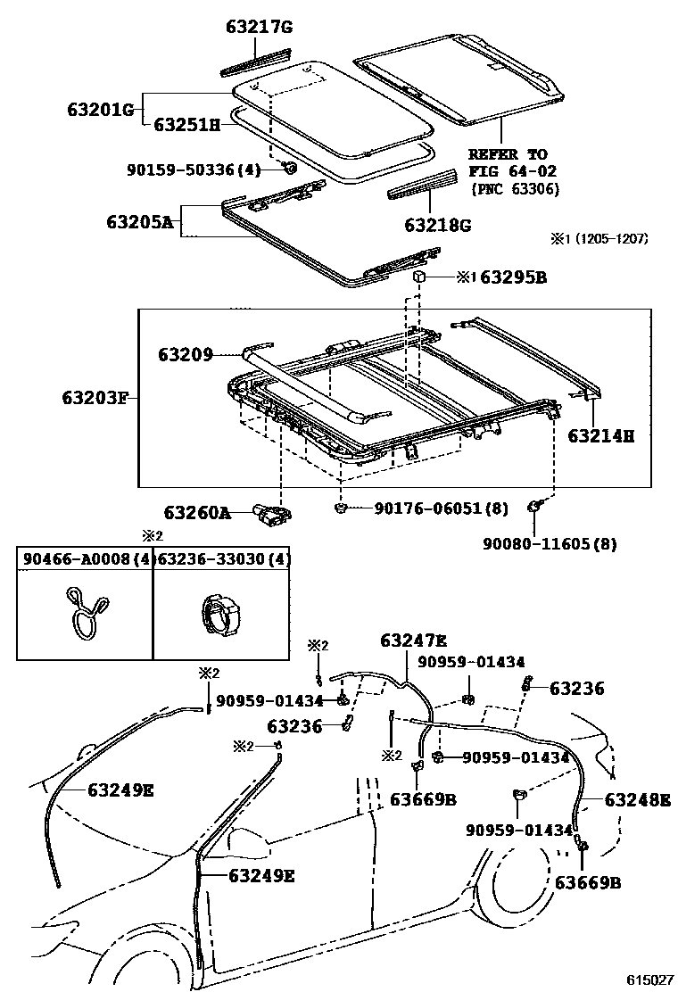 Toyota CAMRY 天窗板和背窗玻璃 EPC diagram — 615027