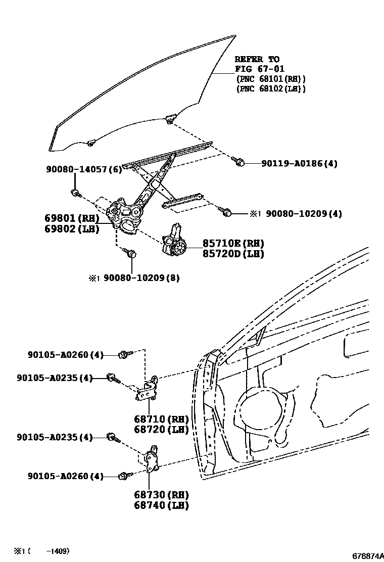 Toyota CAMRY 前门车窗升降器和合页 EPC diagram — 676874A