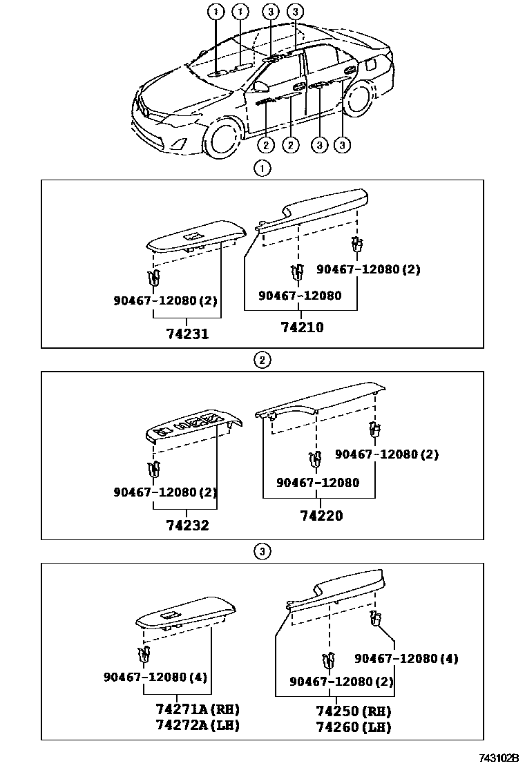 Toyota CAMRY 扶手和遮阳板 EPC diagram — 743102B
