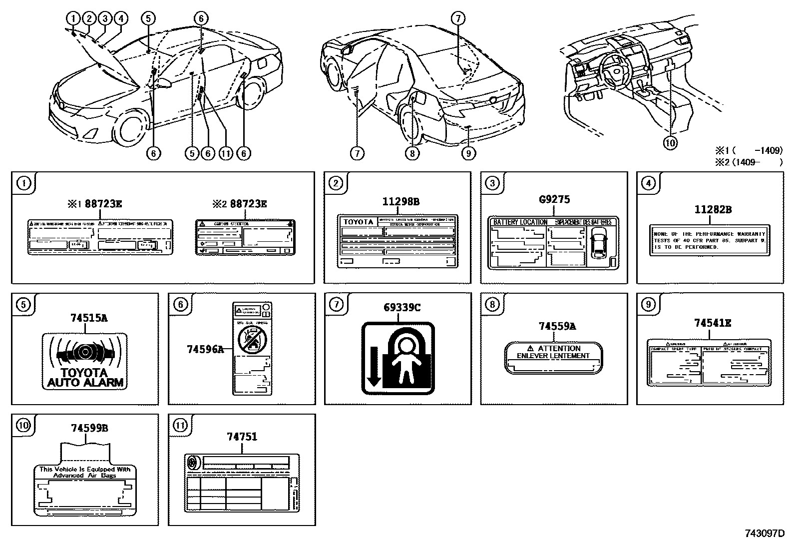 Toyota CAMRY 警示铭牌(车外和车内) EPC diagram — 743097D