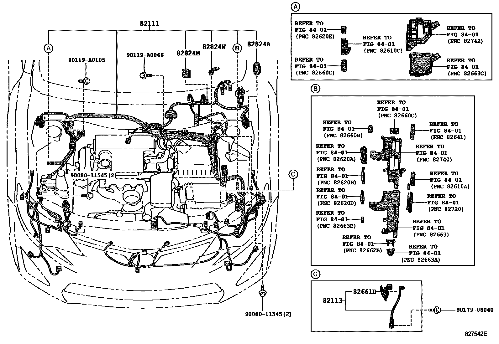 Toyota CAMRY 线束和卡夹 EPC diagram — 827542E
