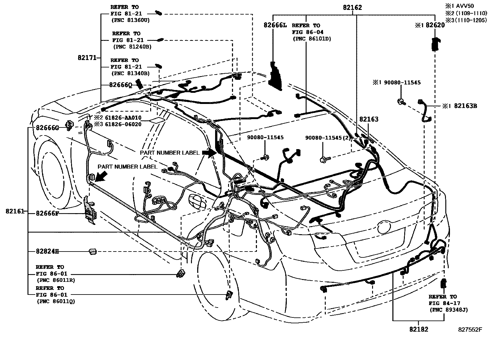 Toyota CAMRY 线束和卡夹 EPC diagram — 827552F