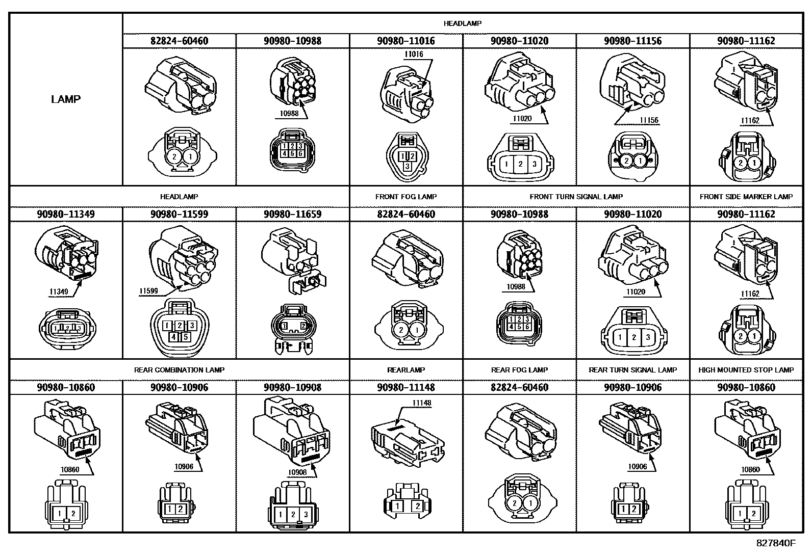 Toyota CAMRY 线束和卡夹 EPC diagram — 827840F