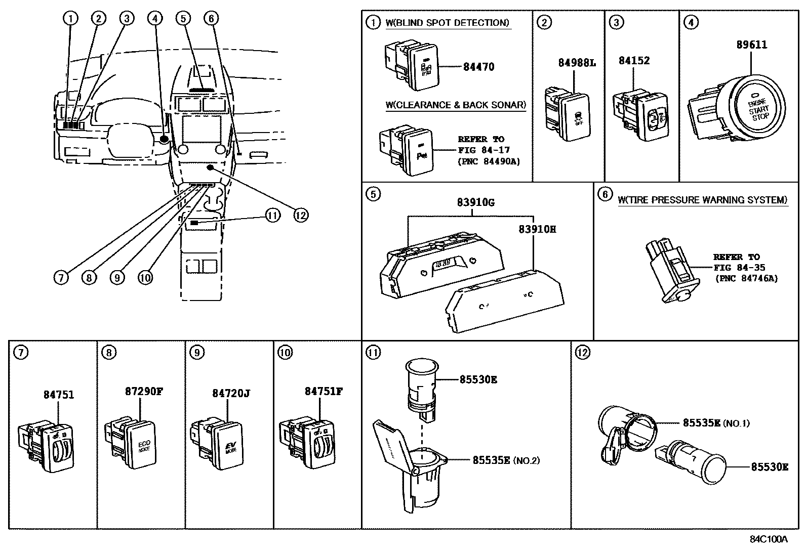 Toyota CAMRY 开关和继电器和ECU EPC diagram — 84C100A