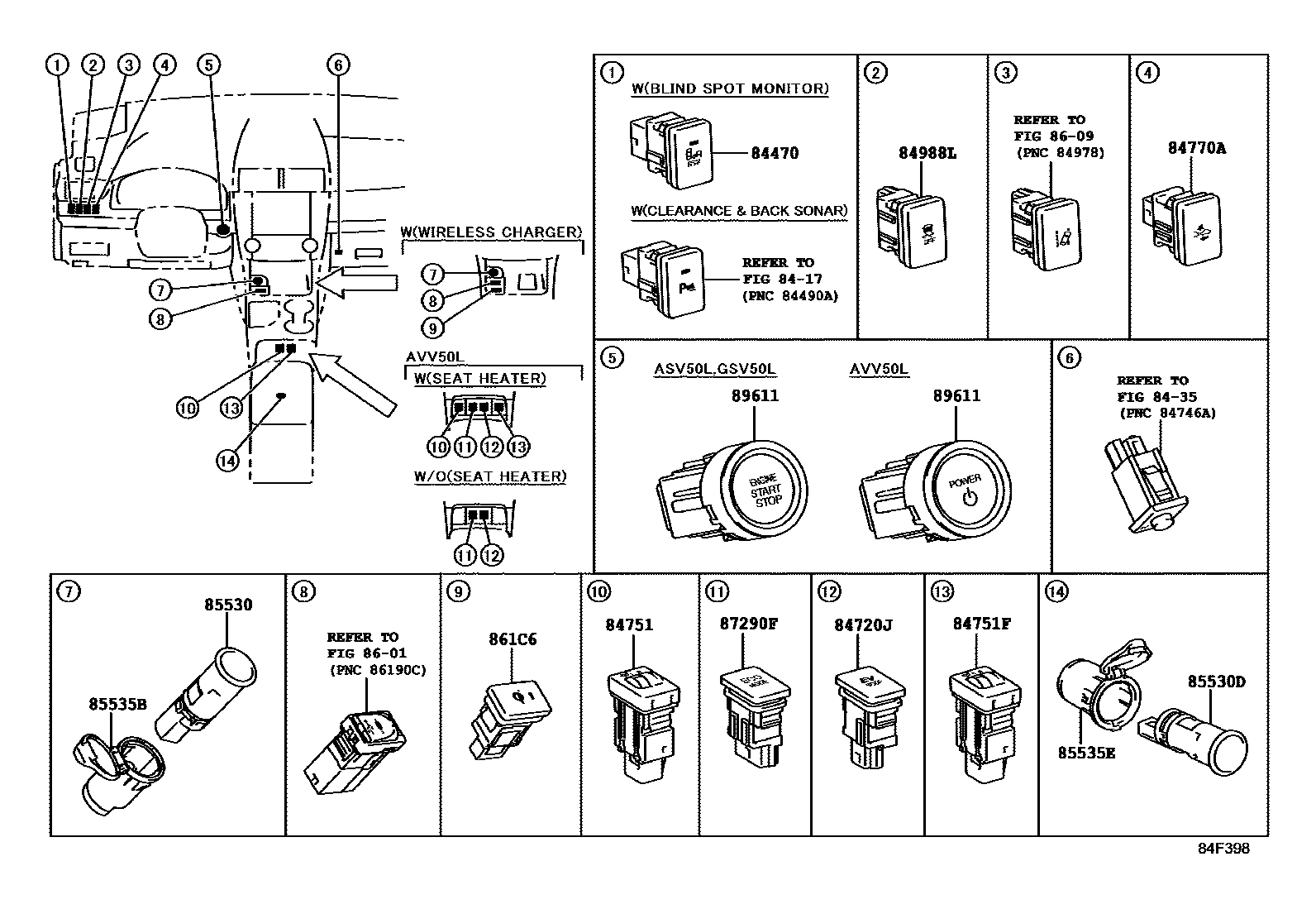 Toyota CAMRY 开关和继电器和ECU EPC diagram — 84F398
