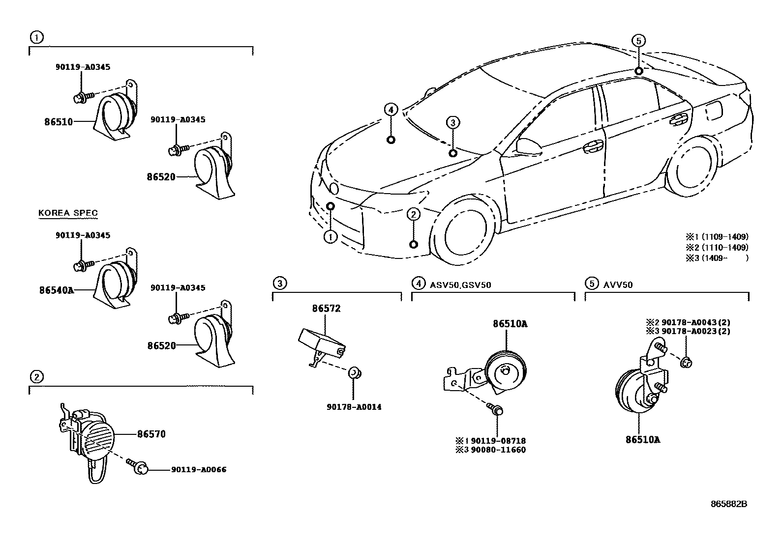 Toyota CAMRY 喇叭 EPC diagram — 865882B