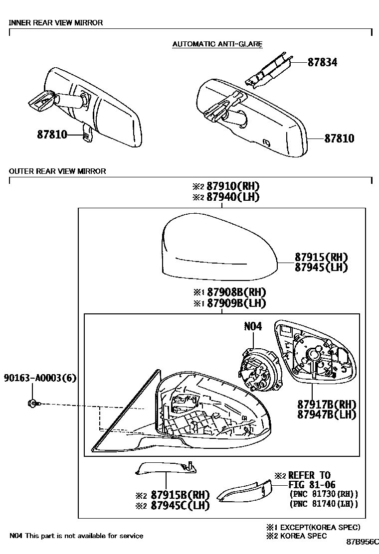 Toyota CAMRY 后视镜 EPC diagram — 87B956C