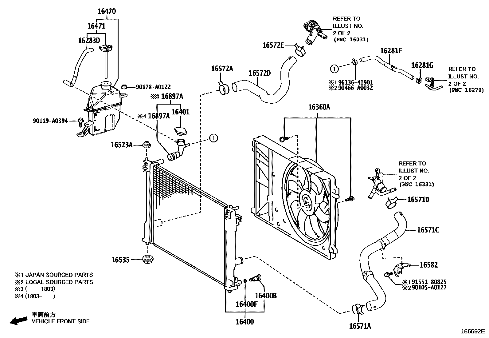 Toyota CAMRY RADIATOR & WATER OUTLET EPC diagram — 166692E