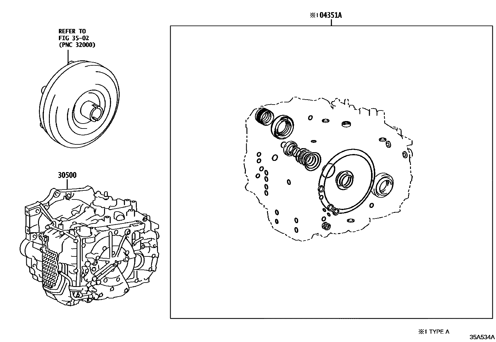 Toyota CAMRY 传动桥或变速器总成和衬垫组件(ATM) EPC diagram — 35A534A
