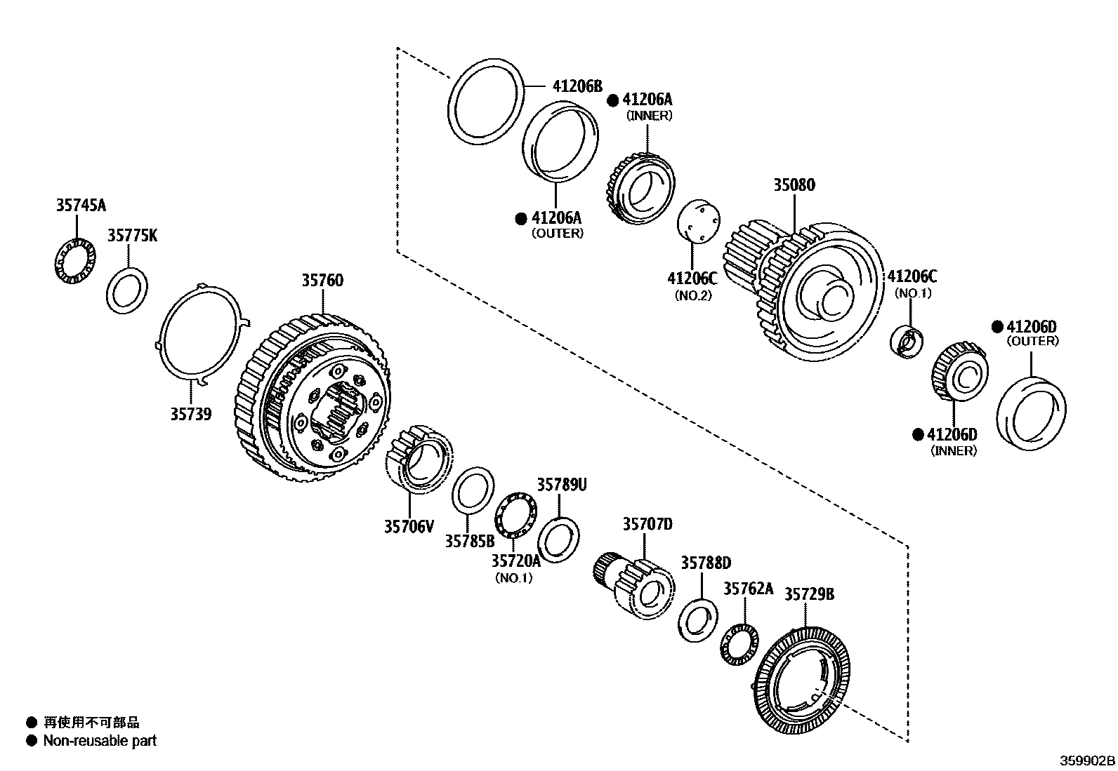 Toyota CAMRY 行星齿轮、倒档活塞和中间轴齿轮(ATM) EPC diagram — 359902B