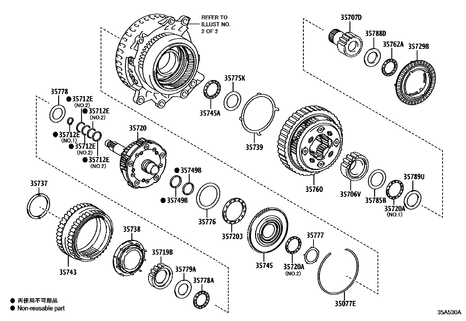 Toyota CAMRY 行星齿轮、倒档活塞和中间轴齿轮(ATM) EPC diagram — 35A530A