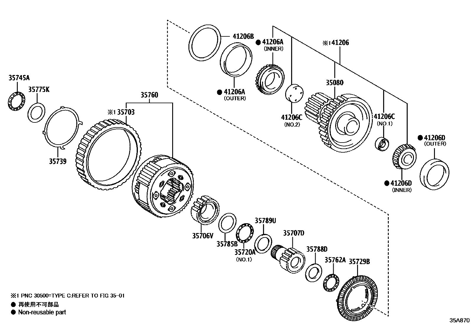 Toyota CAMRY 行星齿轮、倒档活塞和中间轴齿轮(ATM) EPC diagram — 35A870