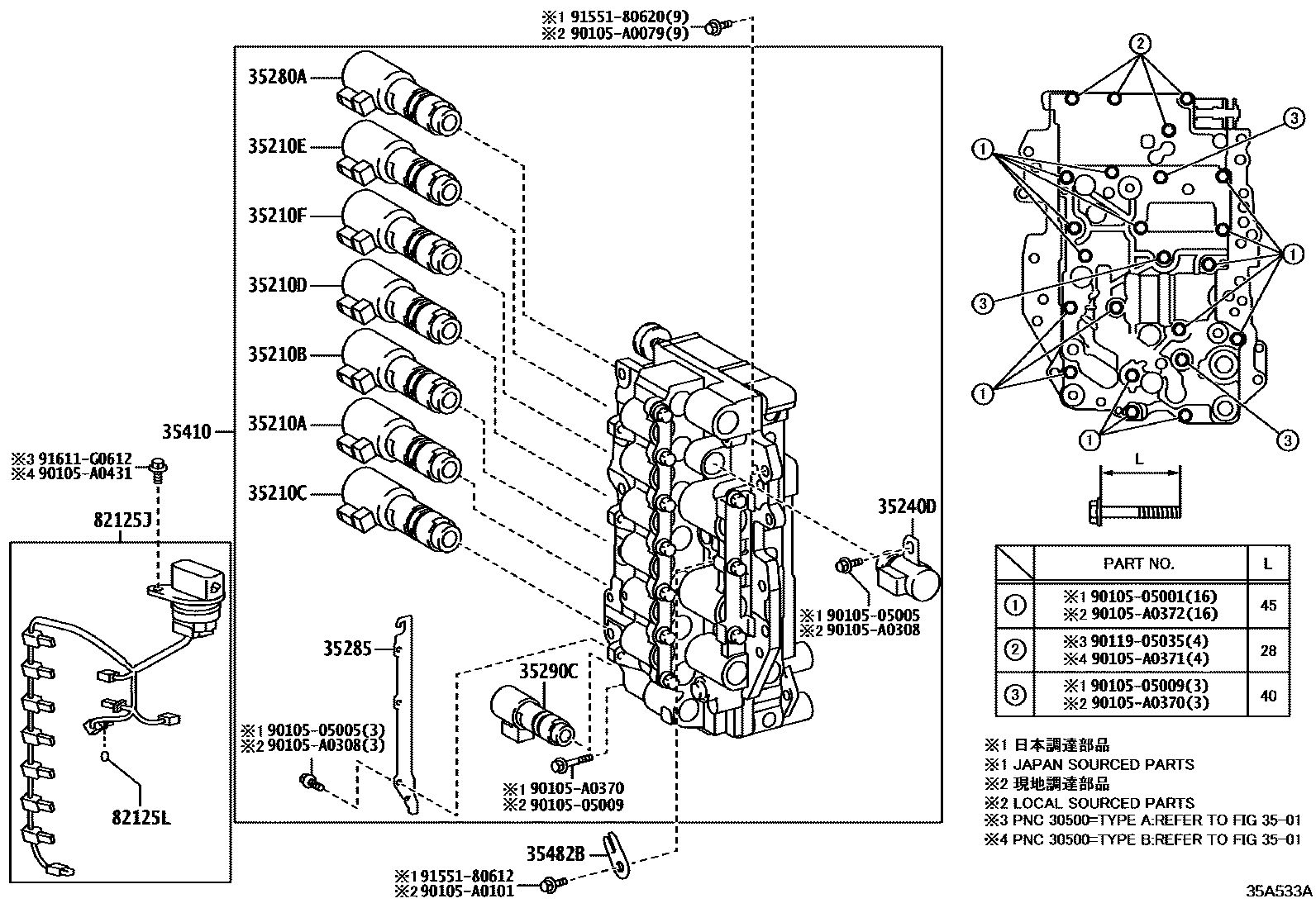 Toyota CAMRY 阀体和滤油网(ATM) EPC diagram — 35A533A