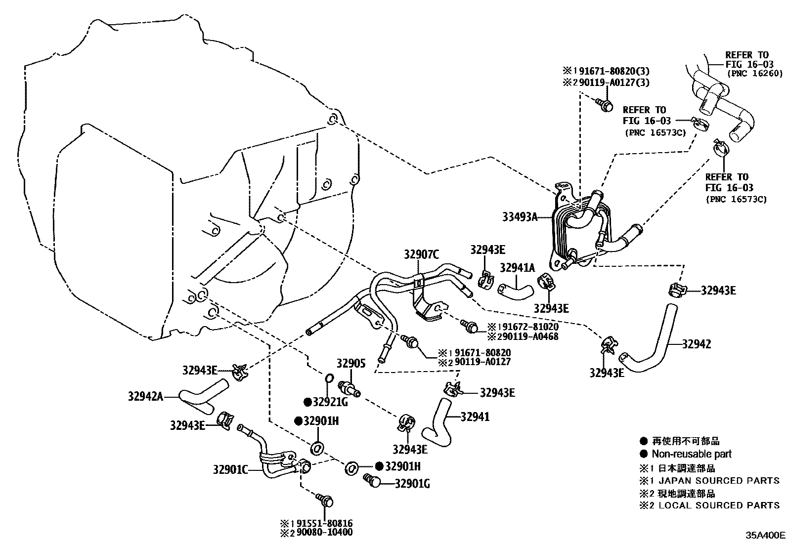 Toyota CAMRY 变速器油冷却器和配管(ATM) EPC diagram — 35A400E