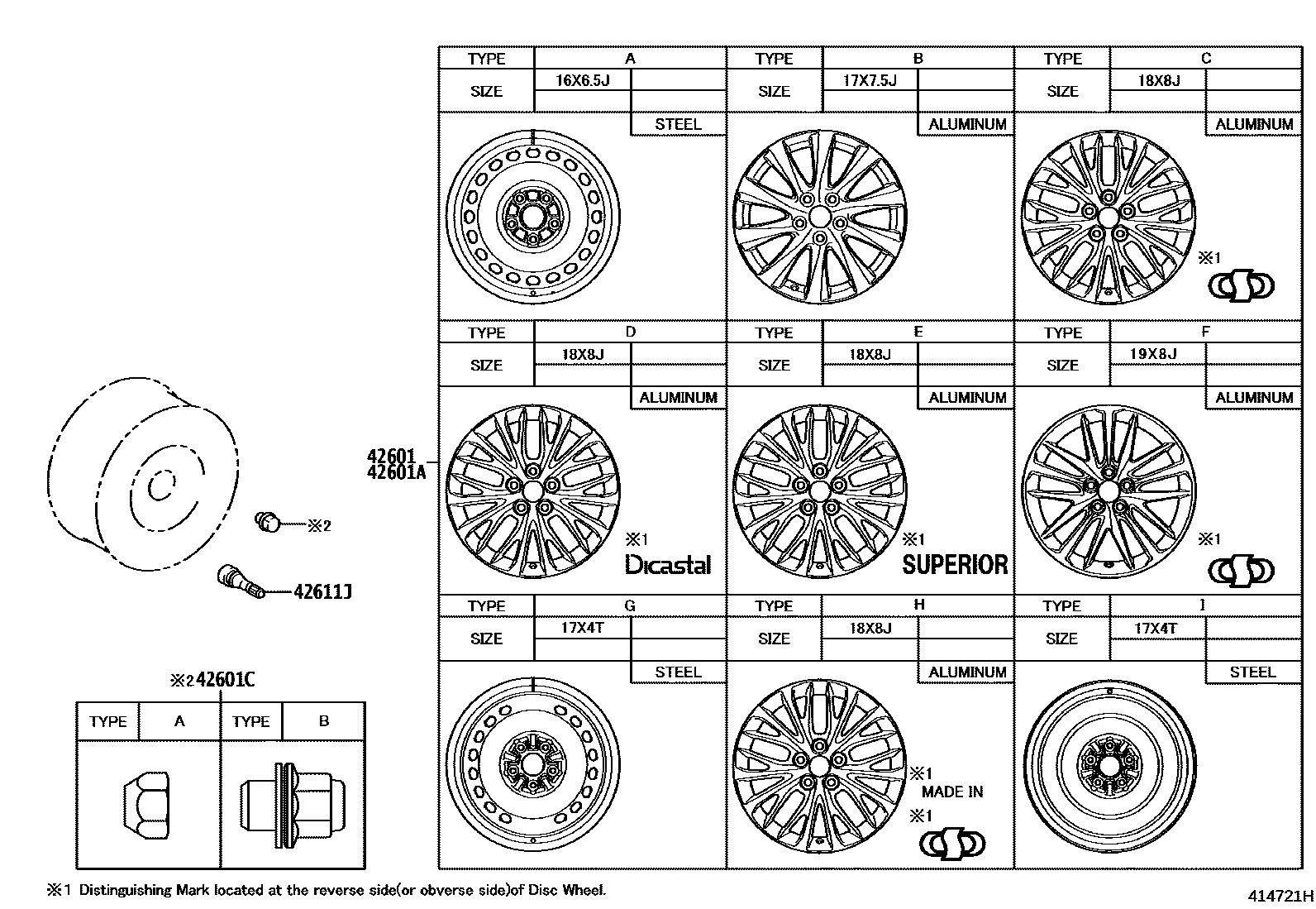 Toyota CAMRY 车轮和车轮盖 EPC diagram — 414721H