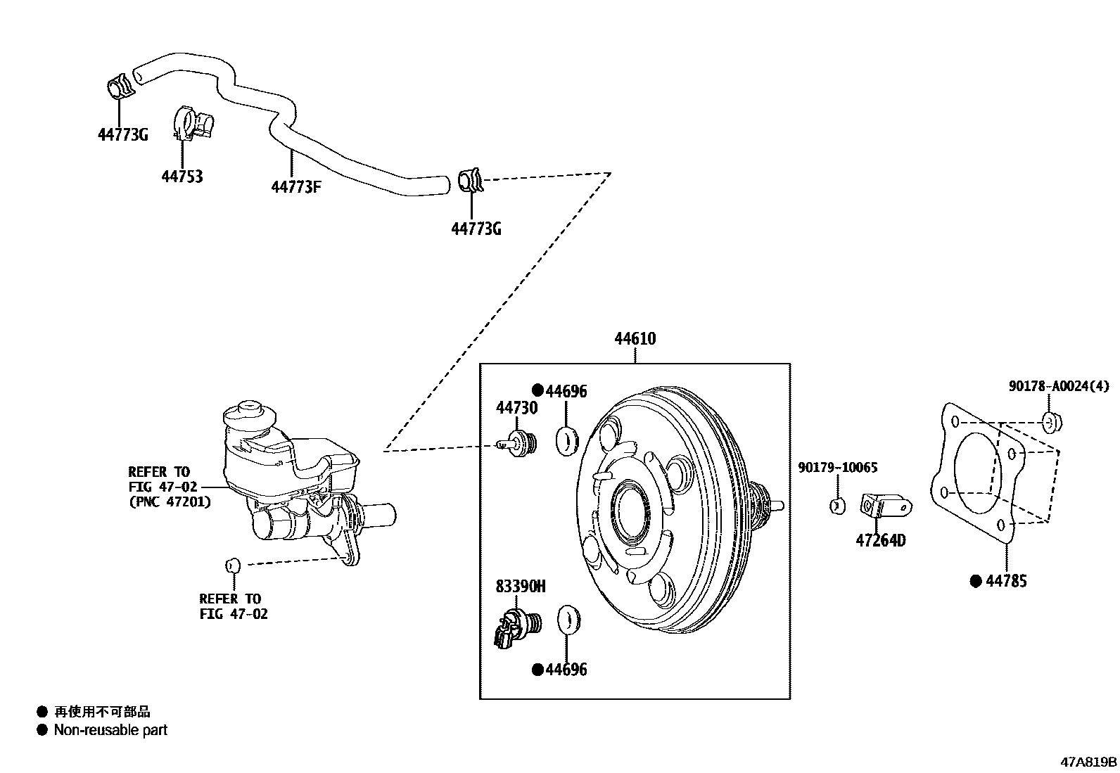 Toyota CAMRY 制动助力器和真空管 EPC diagram — 47A819B
