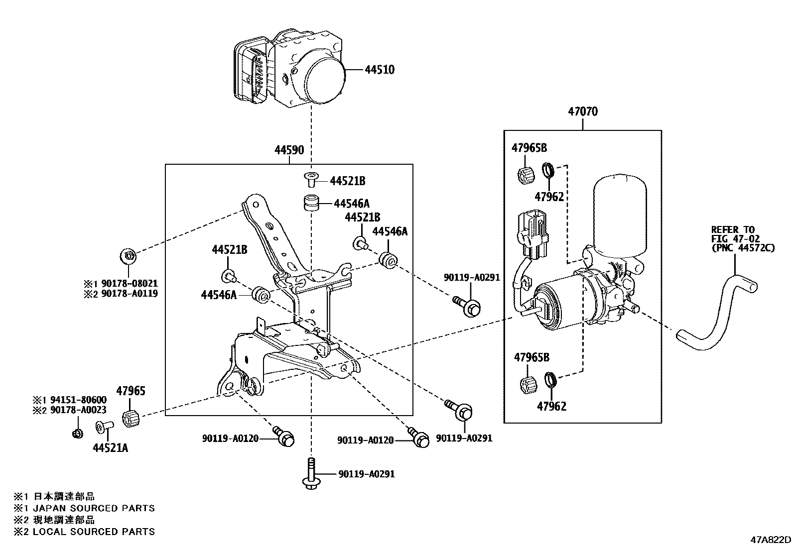 Toyota CAMRY 制动配管和卡箍 EPC diagram — 47A822D