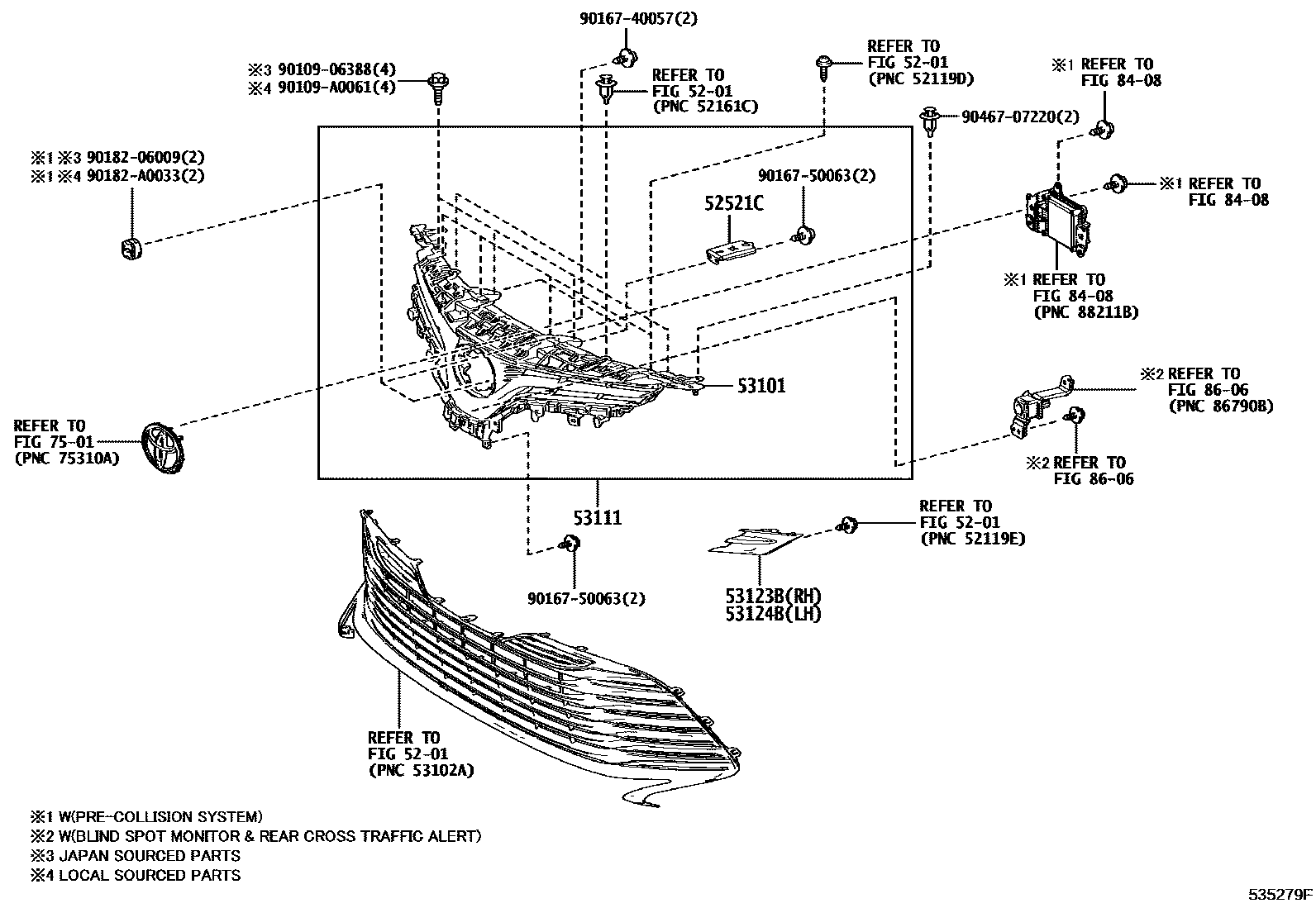 Toyota CAMRY radiator grille EPC diagram — 535279F