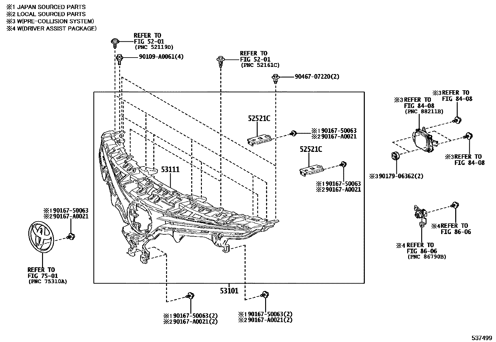 Toyota CAMRY radiator grille EPC diagram — 537499