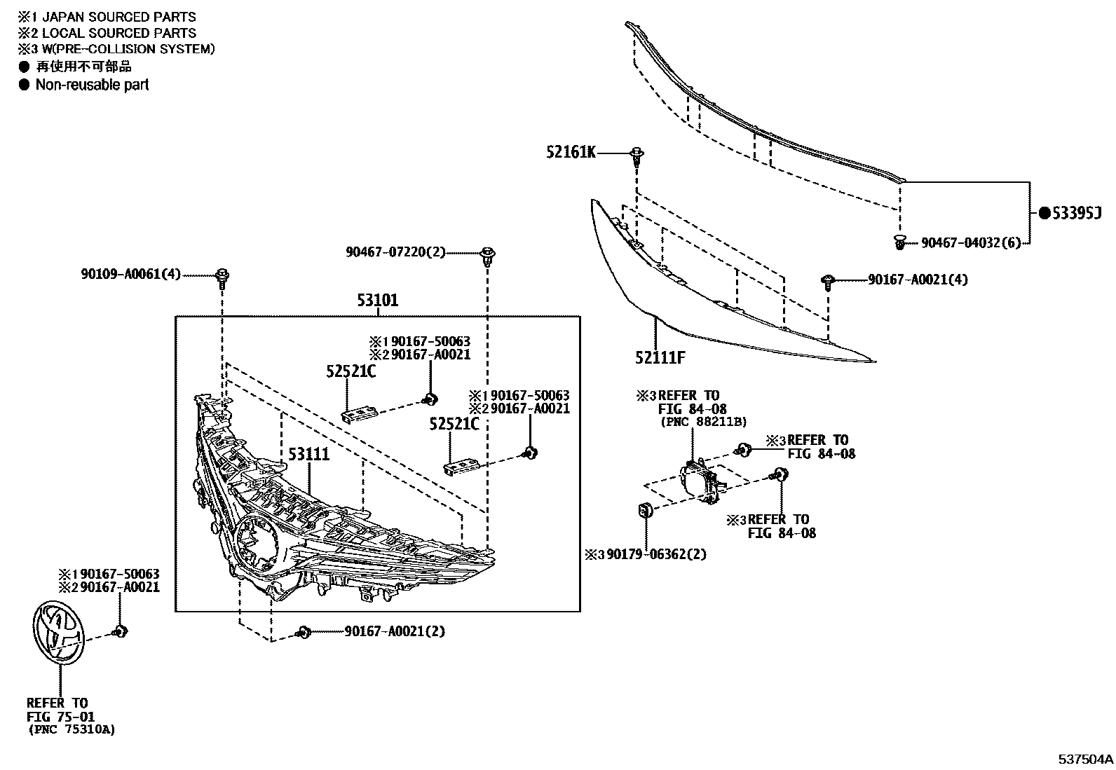 Toyota CAMRY radiator grille EPC diagram — 537504A