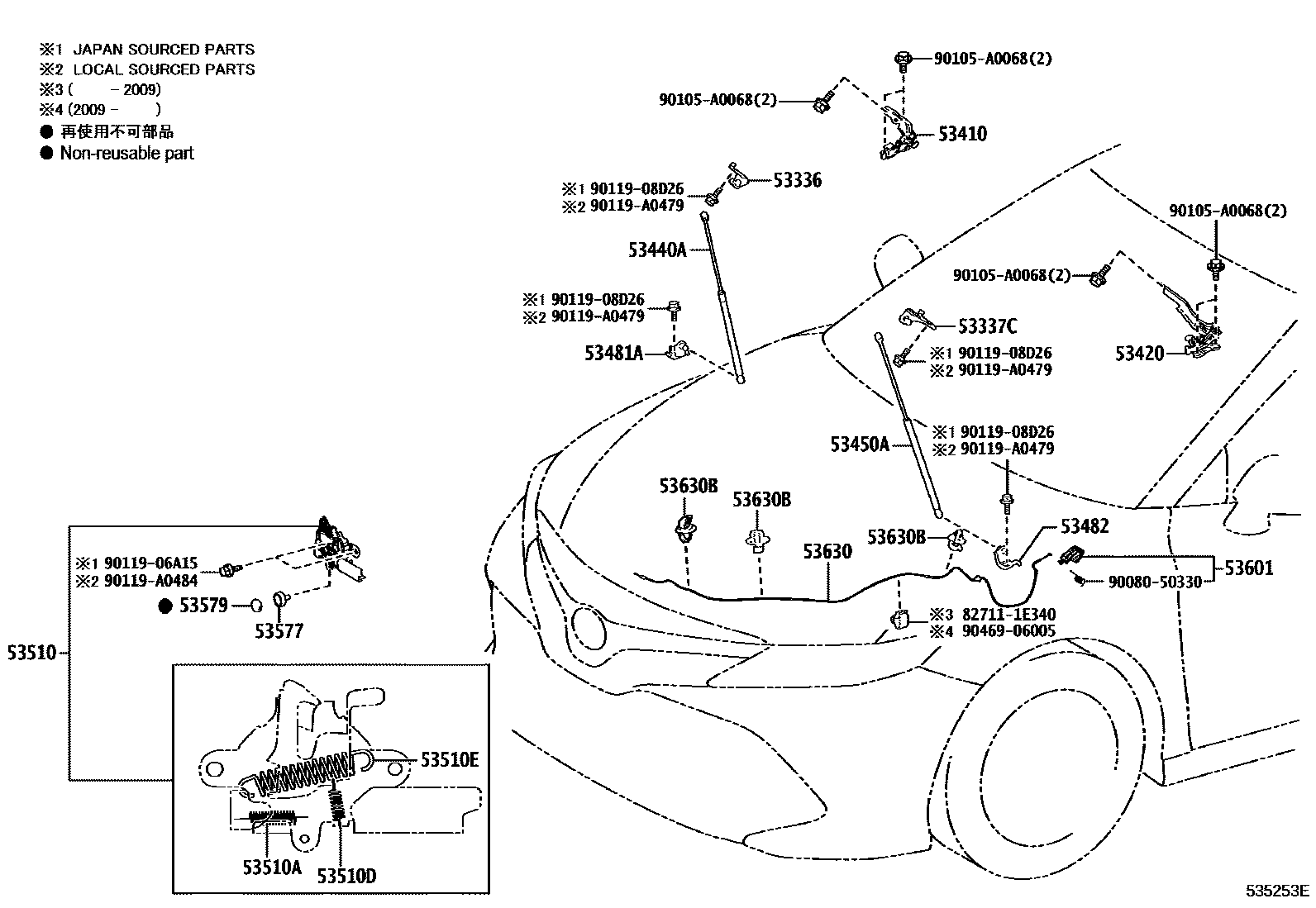 Toyota CAMRY 发动机盖锁和铰链 EPC diagram — 535253E