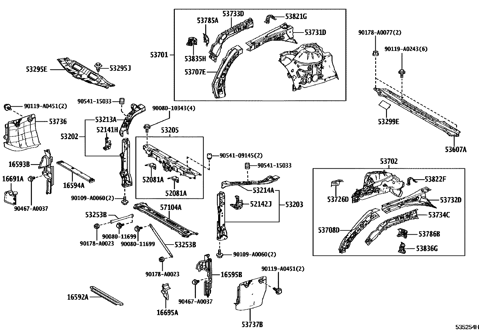 Toyota CAMRY 前翼子板挡泥板和前围板 EPC diagram — 535254H