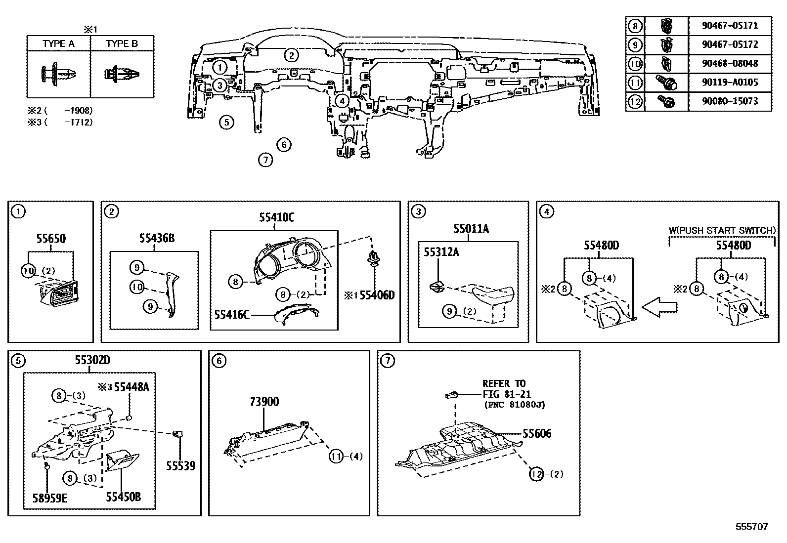 Toyota CAMRY 仪表板和手套箱 EPC diagram — 555707
