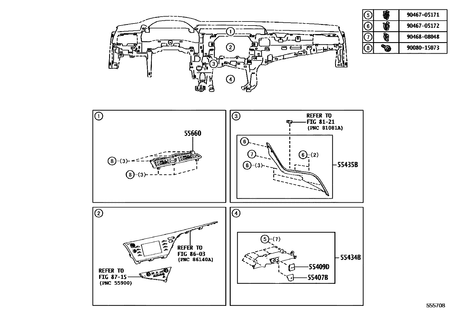 Toyota CAMRY 仪表板和手套箱 EPC diagram — 555708