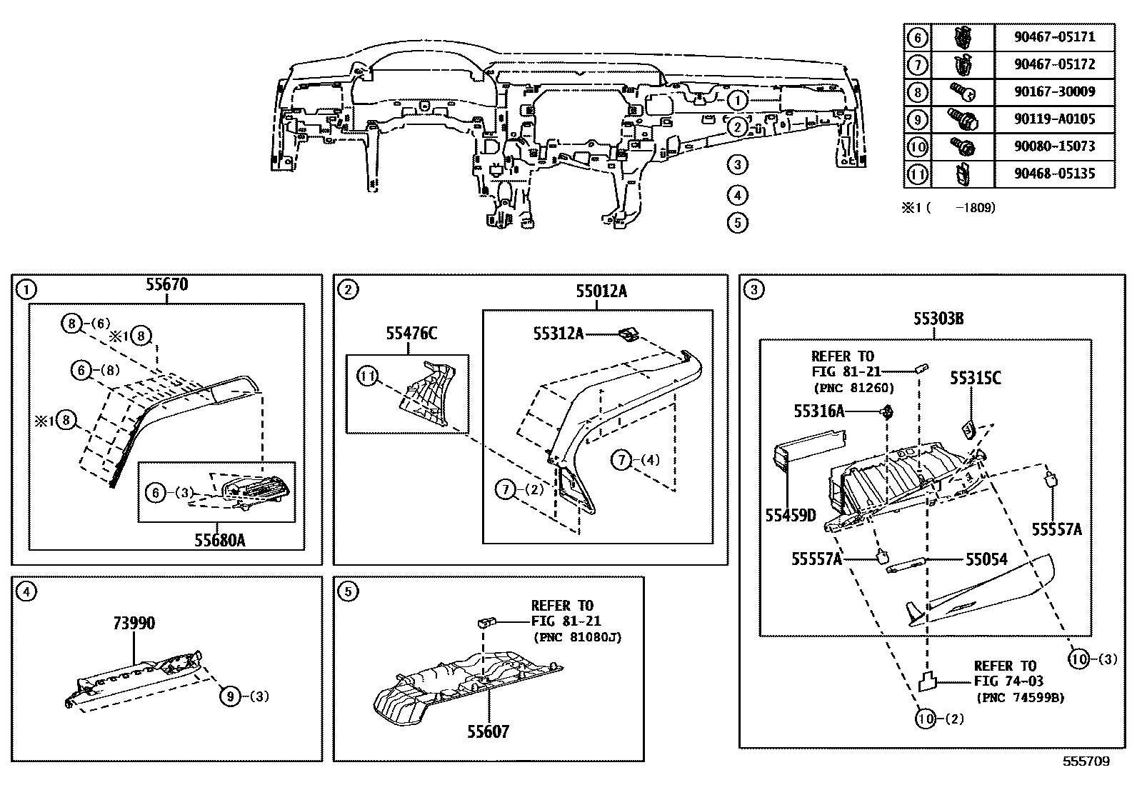 Toyota CAMRY 仪表板和手套箱 EPC diagram — 555709