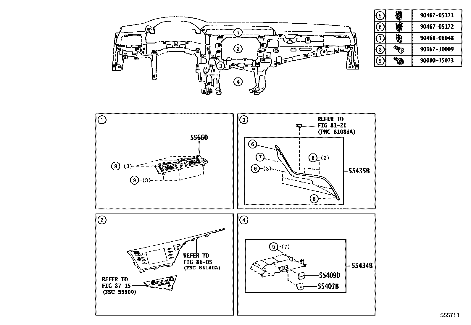 Toyota CAMRY 仪表板和手套箱 EPC diagram — 555711