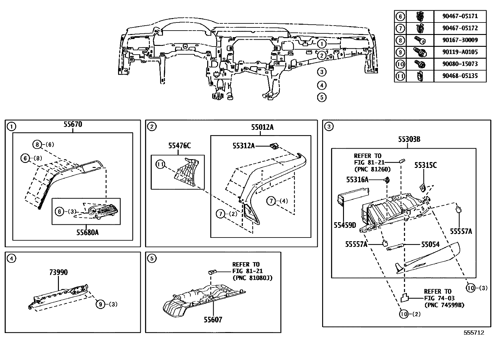 Toyota CAMRY 仪表板和手套箱 EPC diagram — 555712