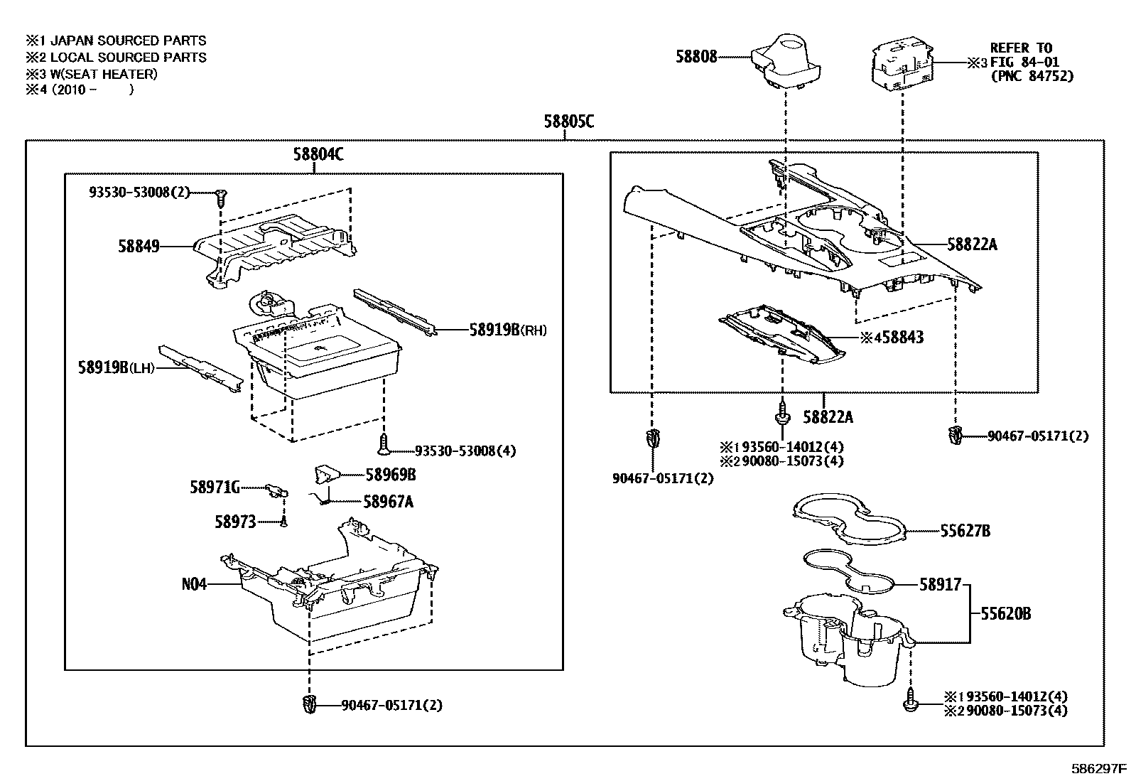Toyota CAMRY 中央扶手箱和支架 EPC diagram — 586297F