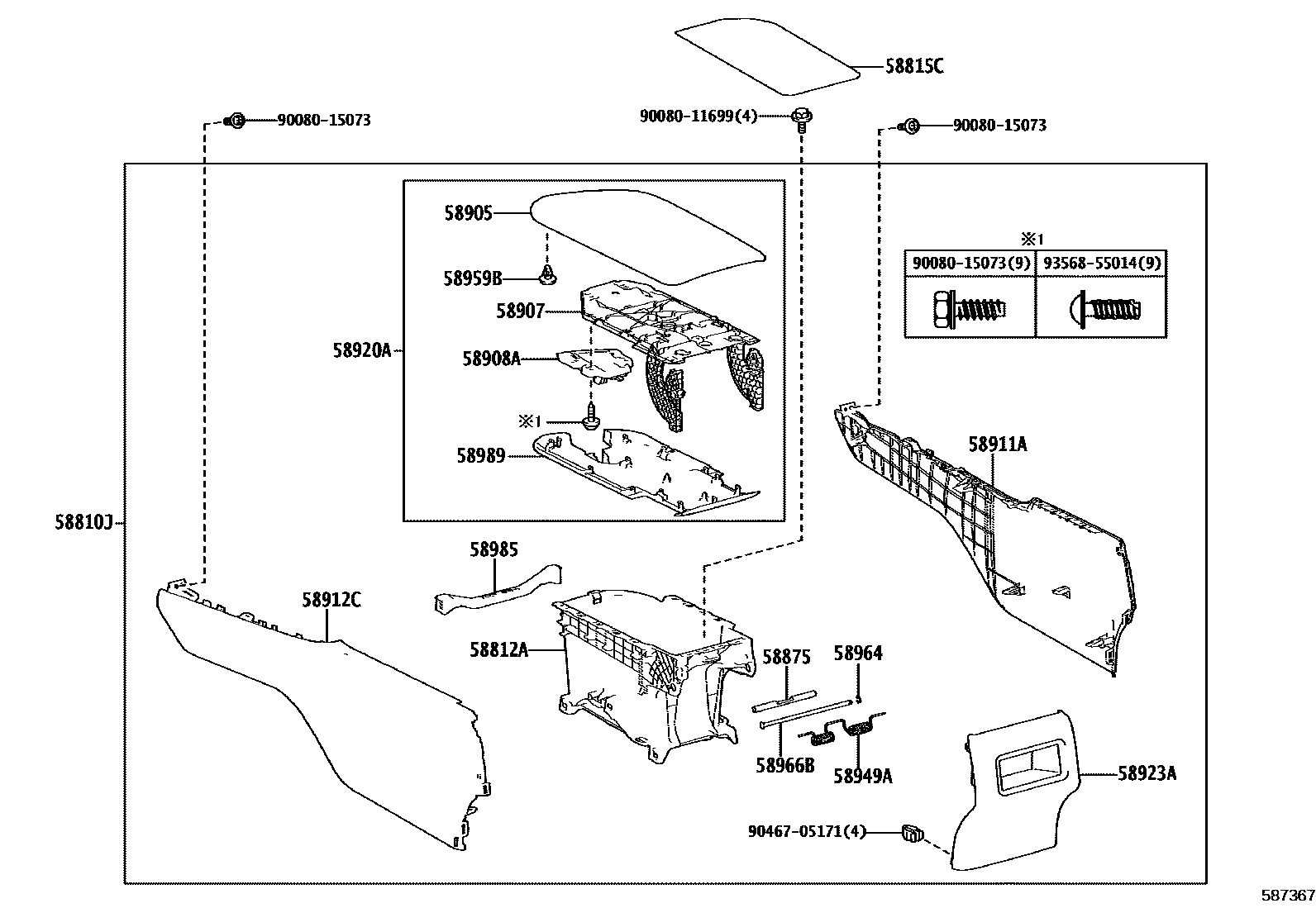 Toyota CAMRY 中央扶手箱和支架 EPC diagram — 587367