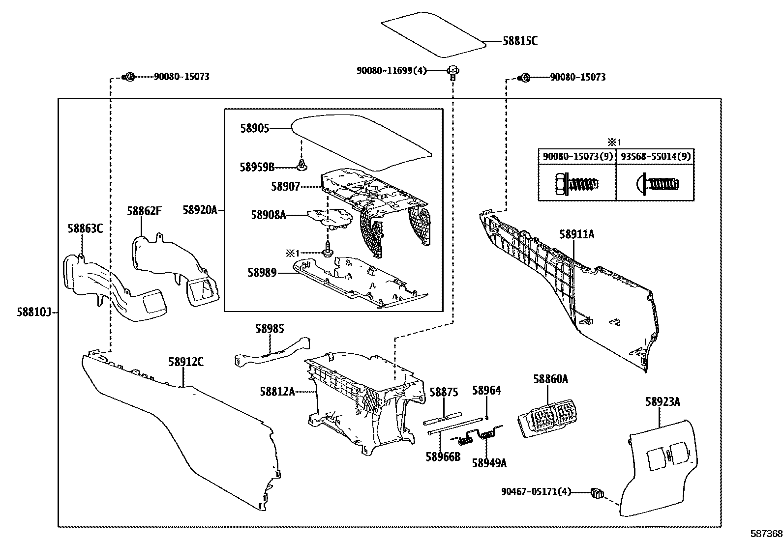 Toyota CAMRY 中央扶手箱和支架 EPC diagram — 587368