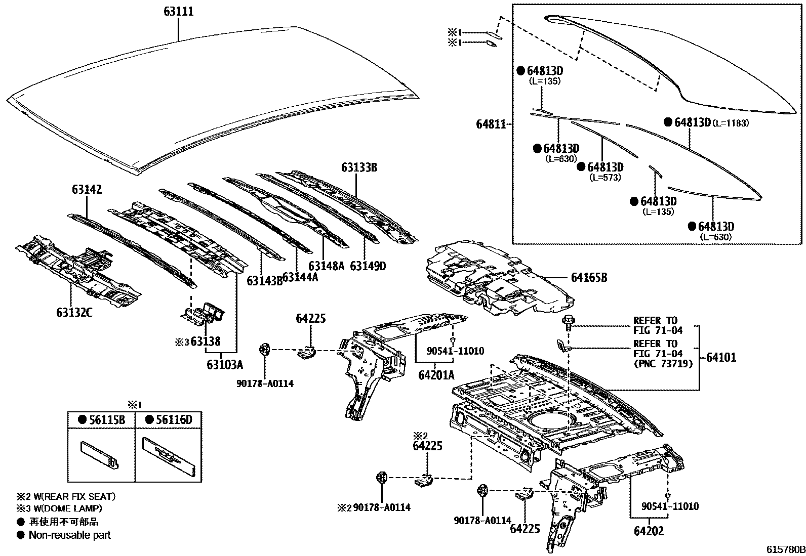 Toyota CAMRY 天窗板和背窗玻璃 EPC diagram — 615780B