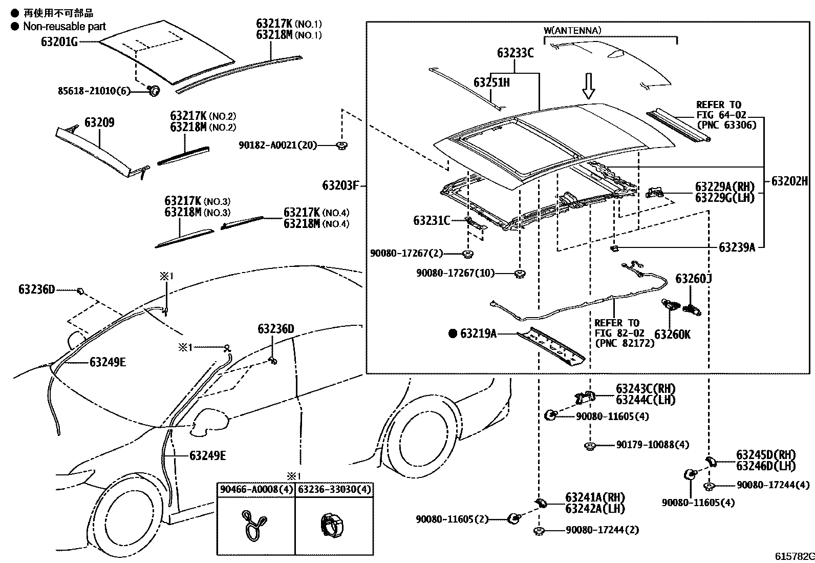 Toyota CAMRY 天窗板和背窗玻璃 EPC diagram — 615782G