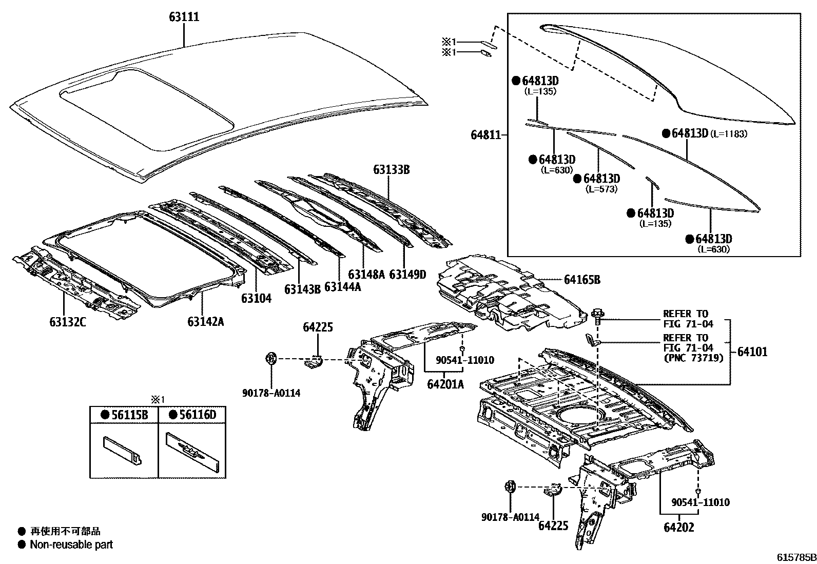 Toyota CAMRY 天窗板和背窗玻璃 EPC diagram — 615785B