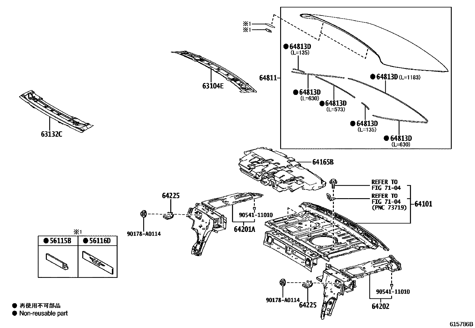 Toyota CAMRY 天窗板和背窗玻璃 EPC diagram — 615786B