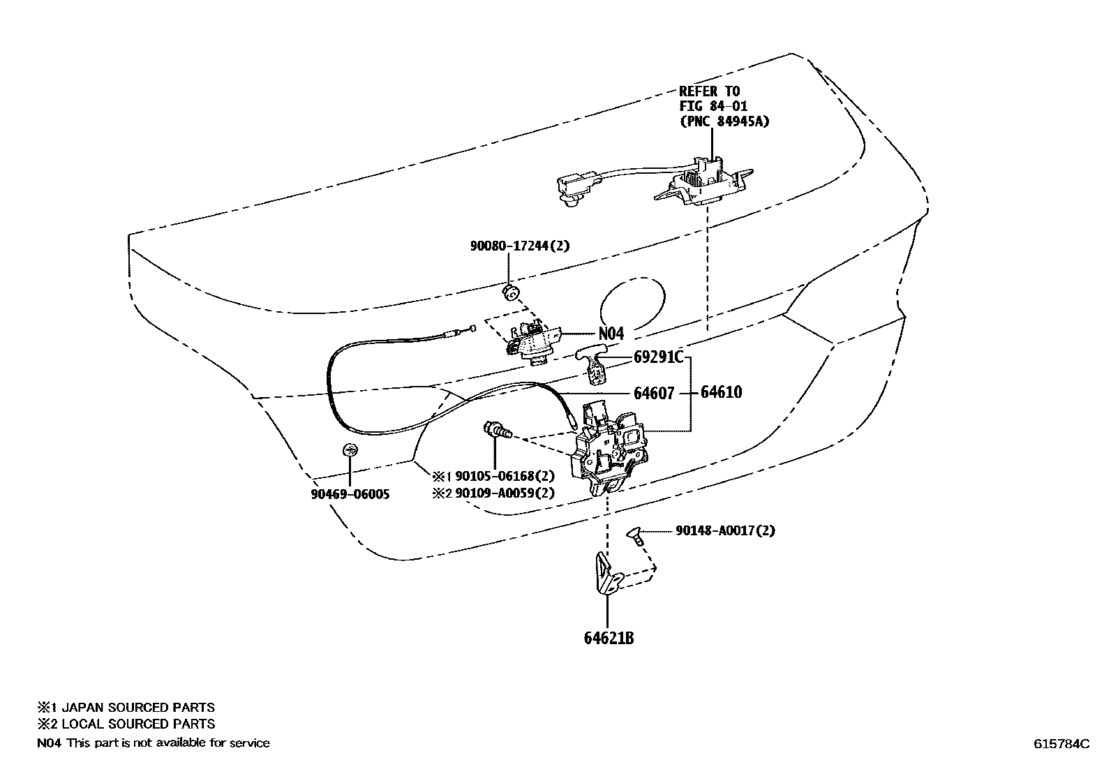 Toyota CAMRY 行李箱门和行李箱锁 EPC diagram — 615784C