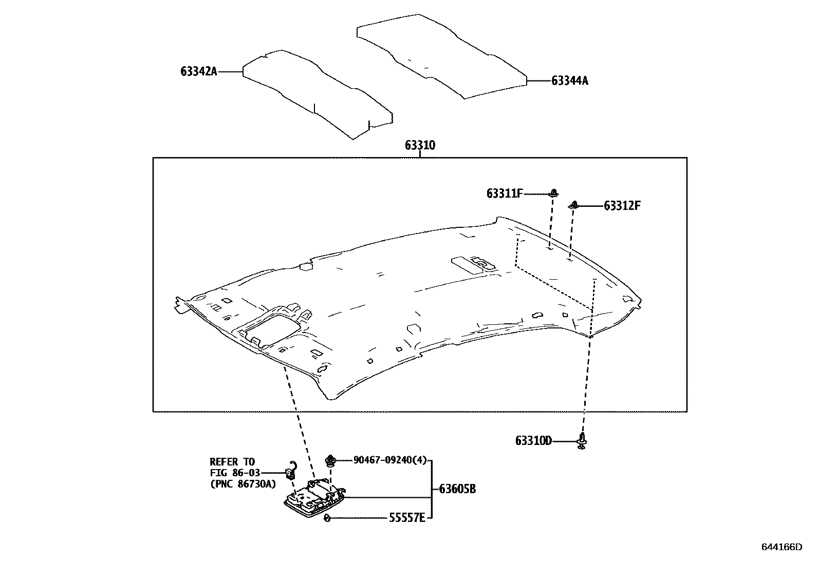 Toyota CAMRY 车顶内衬和消声垫 EPC diagram — 644166D