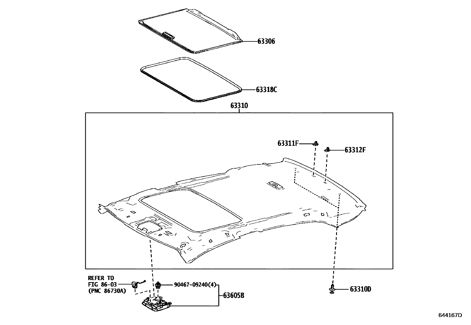 Toyota CAMRY 车顶内衬和消声垫 EPC diagram — 644167D