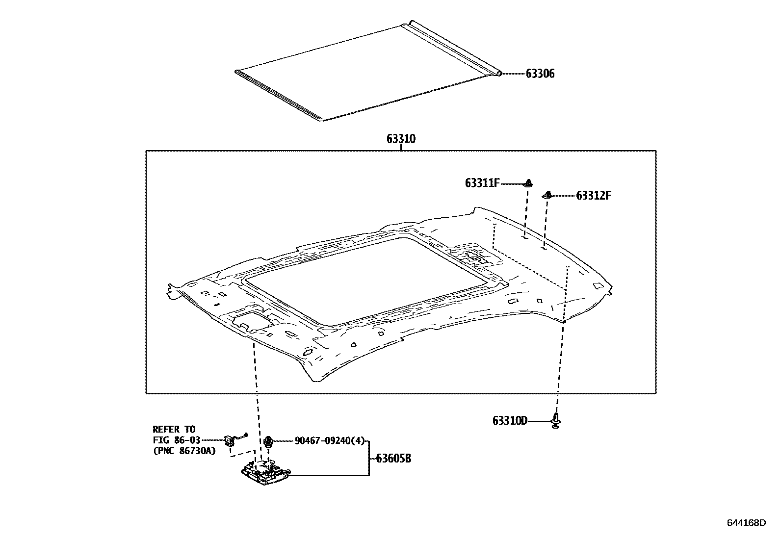 Toyota CAMRY 车顶内衬和消声垫 EPC diagram — 644168D