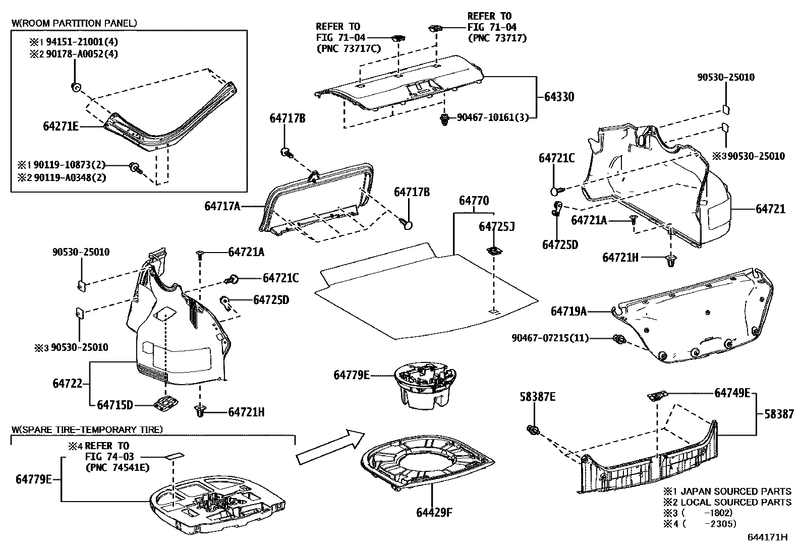 Toyota CAMRY 杂物箱板和行李箱垫 EPC diagram — 644171H