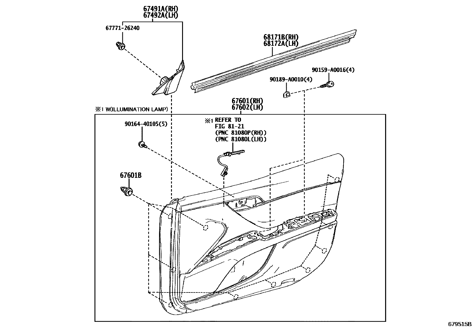 Toyota CAMRY 前门板和前门玻璃 EPC diagram — 679515B