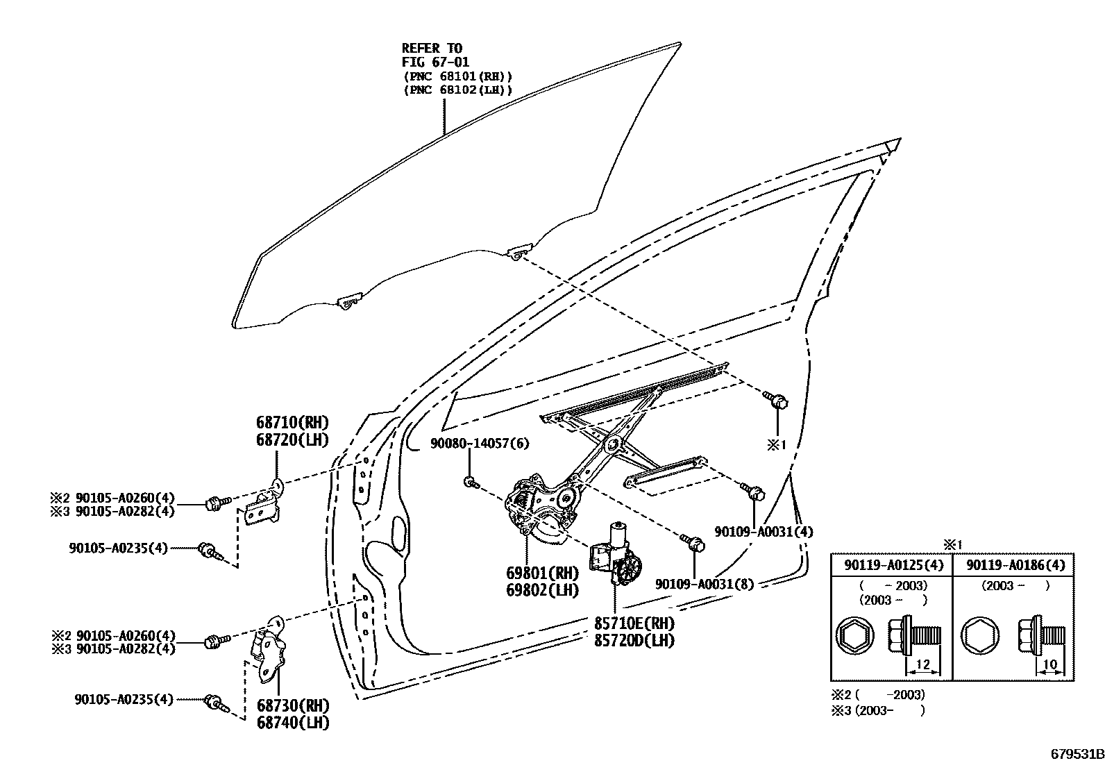 Toyota CAMRY 前门车窗升降器和合页 EPC diagram — 679531B